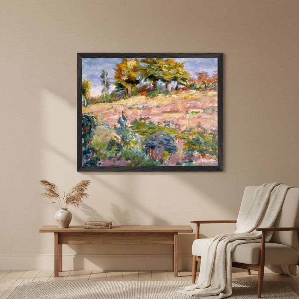Landscape by Roderic O'Conor framed print in a black frame above a wooden bench and armchair on a beige wall
