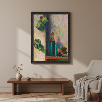 Flowers, Bottle and Two Jugs by Roderic O'Conor, framed print in a black frame above a wooden bench and armchair