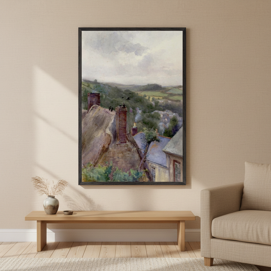 Rooftops, Thomastown, Kilkenny by Mildred Anne Butler in a black frame above a wooden bench in a warm beige room