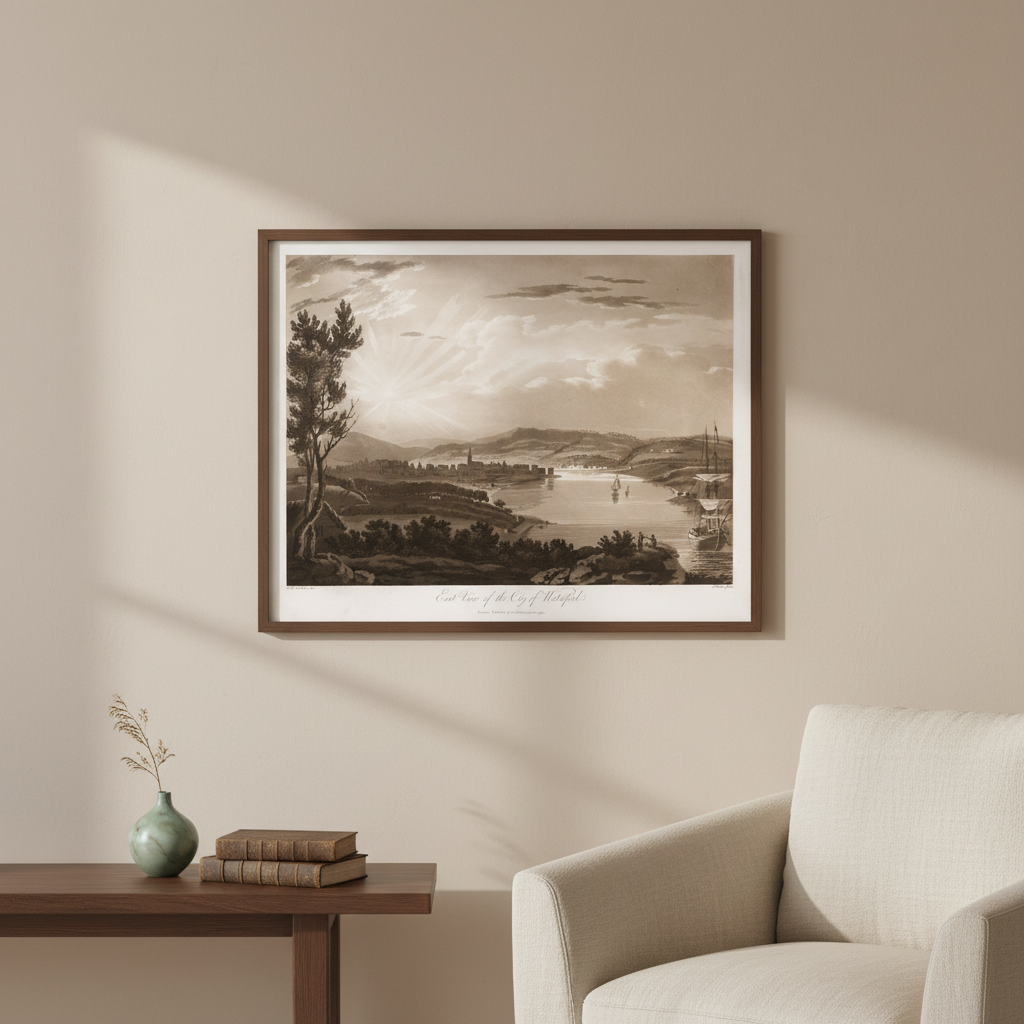 East View of the City of Waterford 1795 aquatint by Thomas Sautelle Roberts displayed in a refined Irish home interior