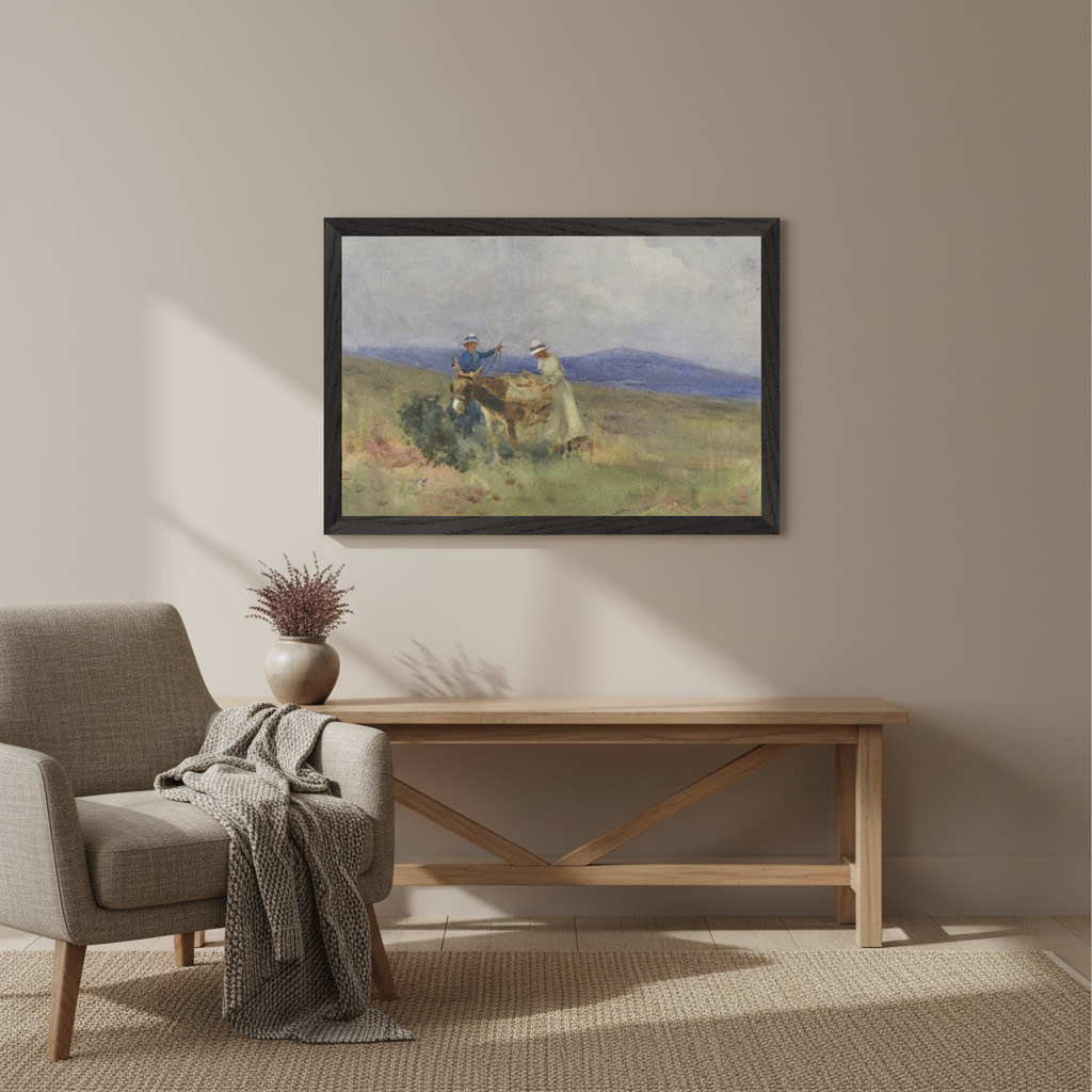 Unpacking the Picnic, Kerry by Mildred Anne Butler in a black frame above a console table beside an armchair