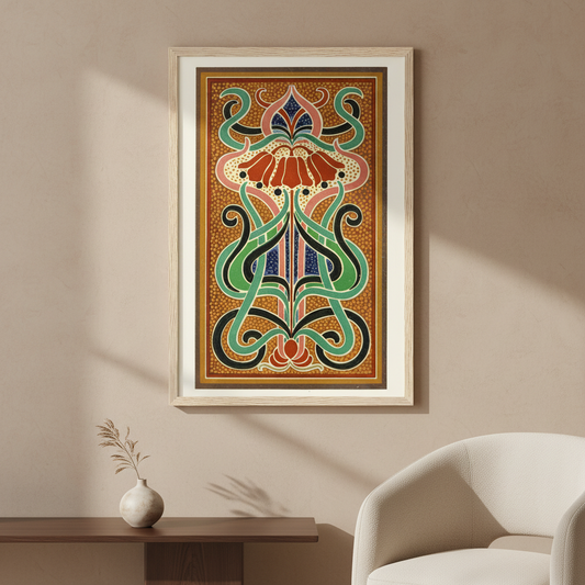 Peacock's Plumage colour analysis by James Ward in a pale frame on a beige wall above a side table