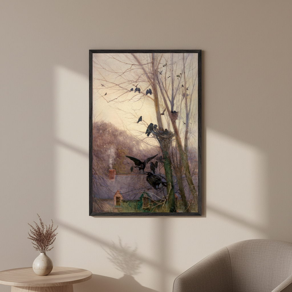 Shades of Evening by Mildred Anne Butler in a black frame on a beige wall beside an armchair