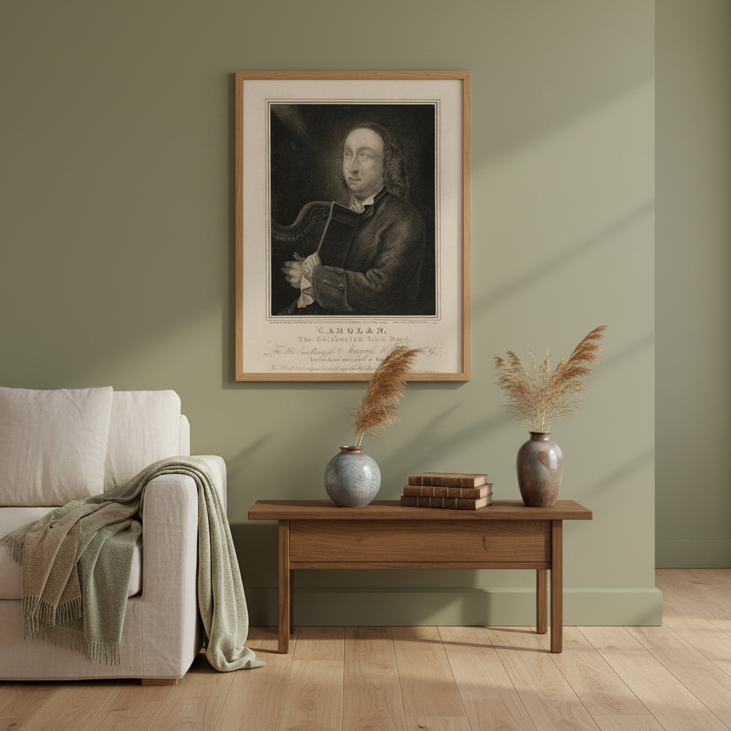Turlough O'Carolan portrait framed print in an oak frame above a wooden console against a sage green wall