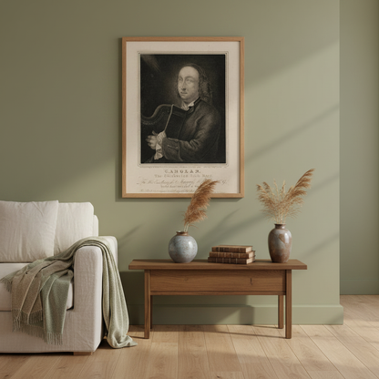 Turlough O'Carolan portrait framed print in an oak frame above a wooden console against a sage green wall