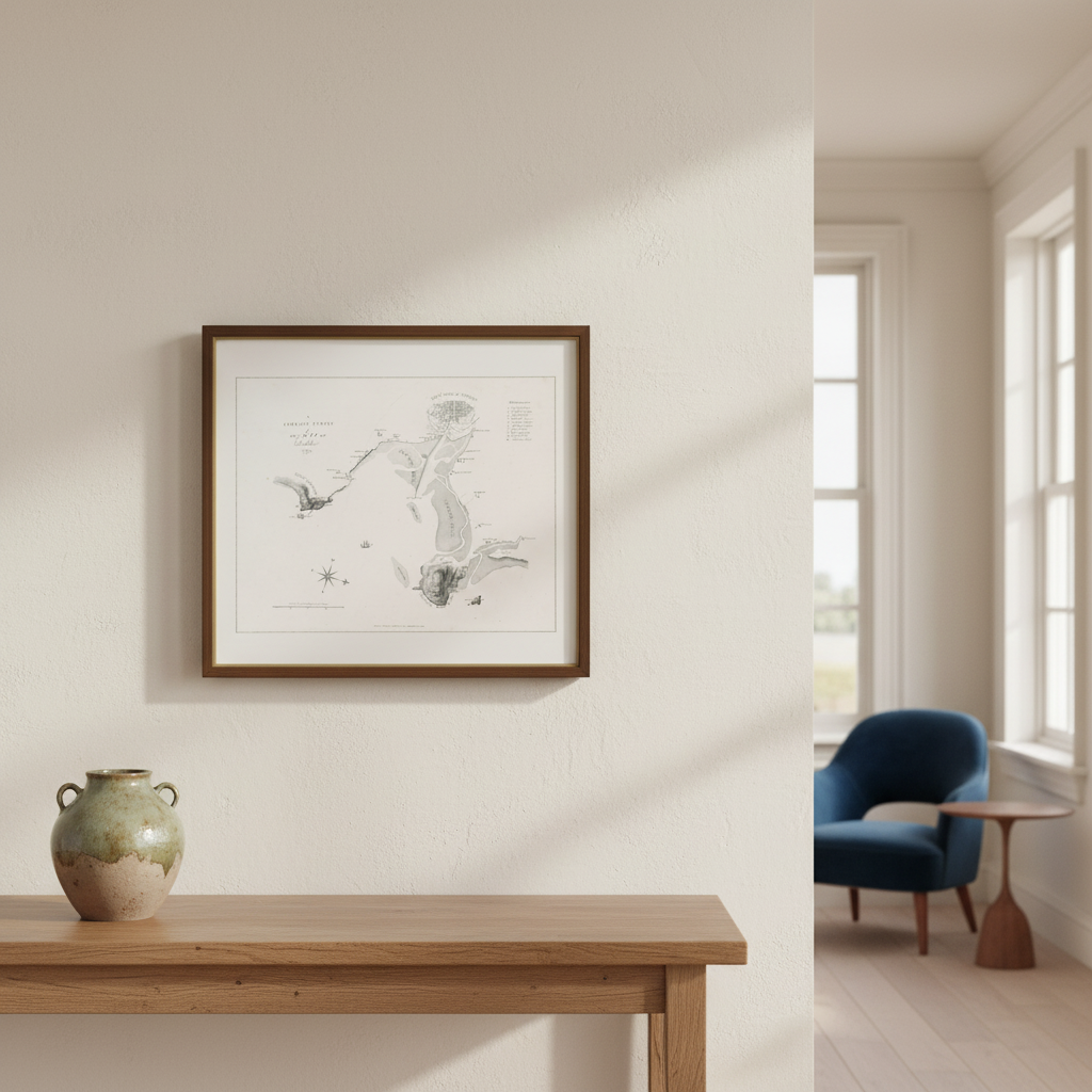 James Malton Bay of Dublin map in a dark wood frame above a wooden console table with a stoneware jar