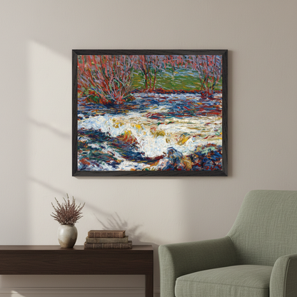 The Rushing Stream by Roderic O'Conor framed print in a black frame above a dark side table beside a green armchair