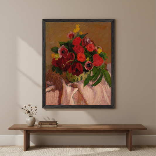 Mixed Flowers on Pink Cloth framed print in a black frame above a wooden bench in a beige room