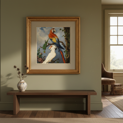 Paroquets by Edward Murphy in a gold frame with mount above a wooden bench in a green-walled room