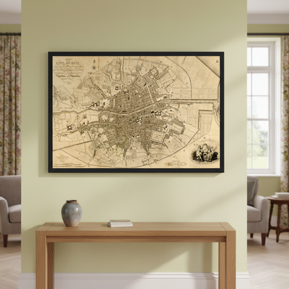 1797 Dublin Map by William Faden in a black frame above a wooden console on a sage green wall