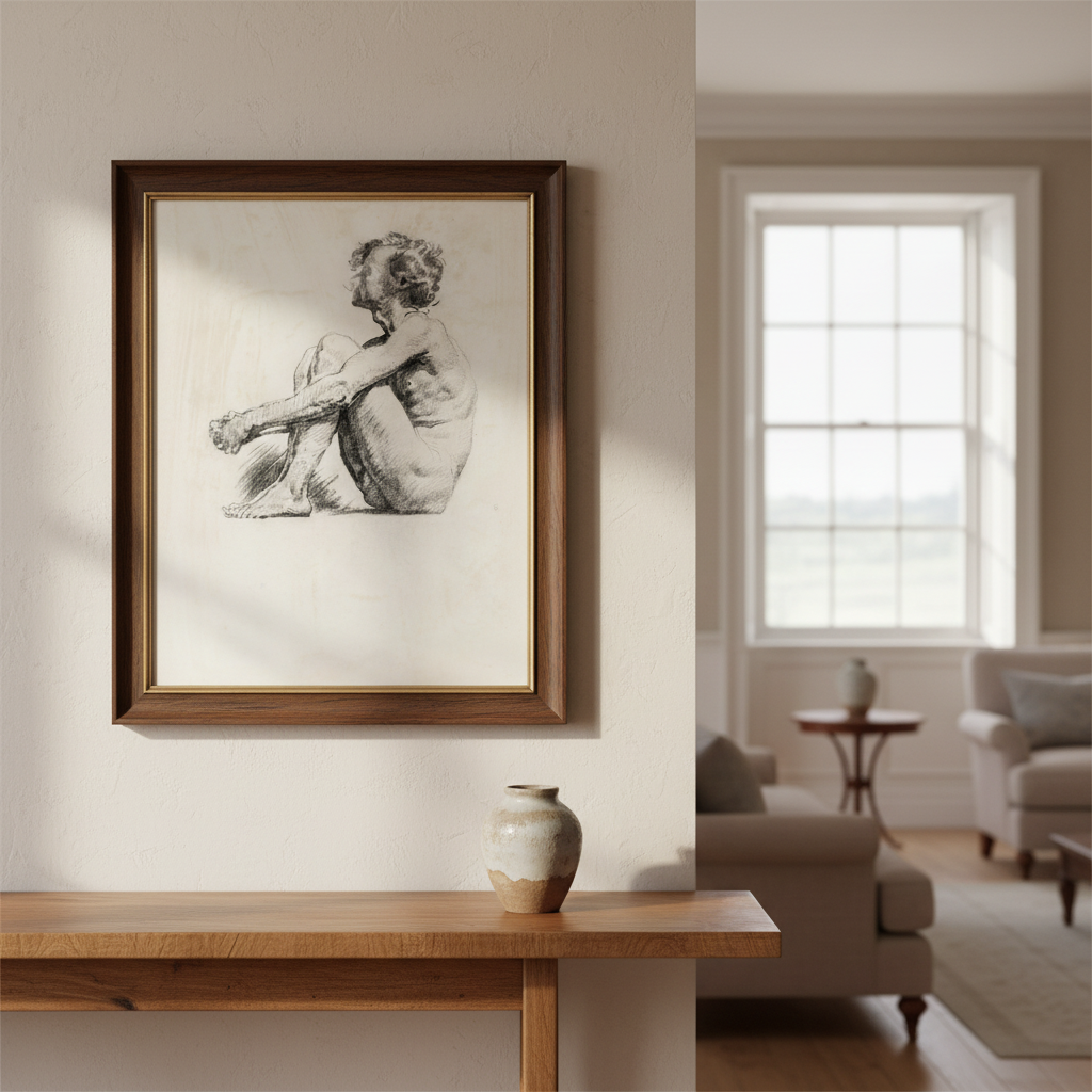 A Seated Male Figure by Sarah Henrietta Purser in a dark wood frame above a console in a room with a sash window