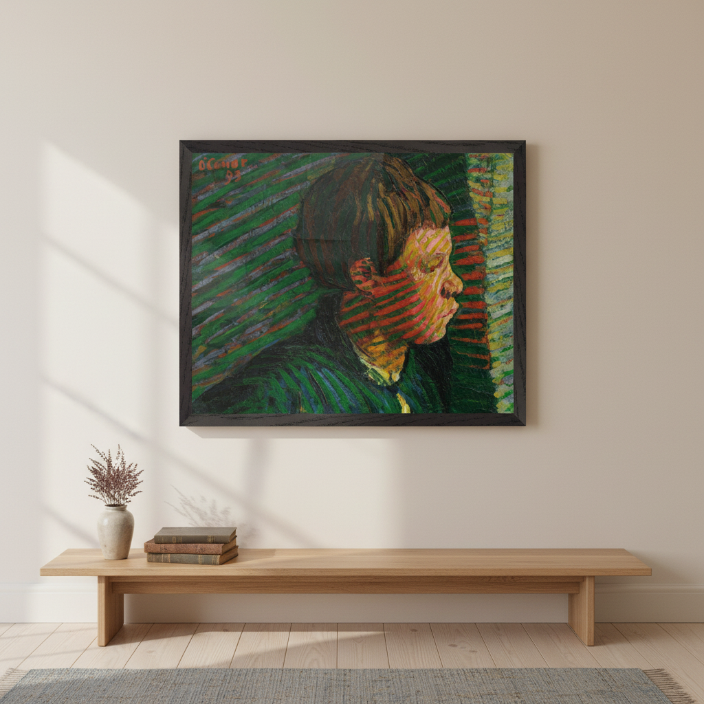 Breton Boy in Profile by Roderic O'Conor in a black frame above a low oak bench