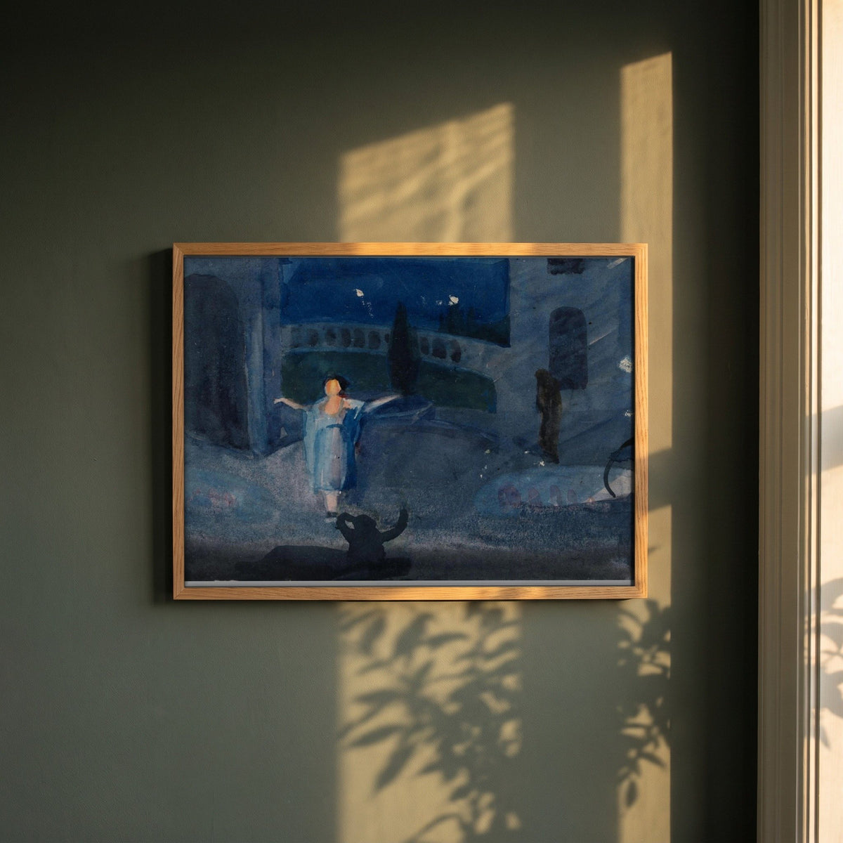 Impression of Jose Collins in The Maid of the Mountains framed print in a natural oak frame on a dark green wall beside a window, dappled plant shadow