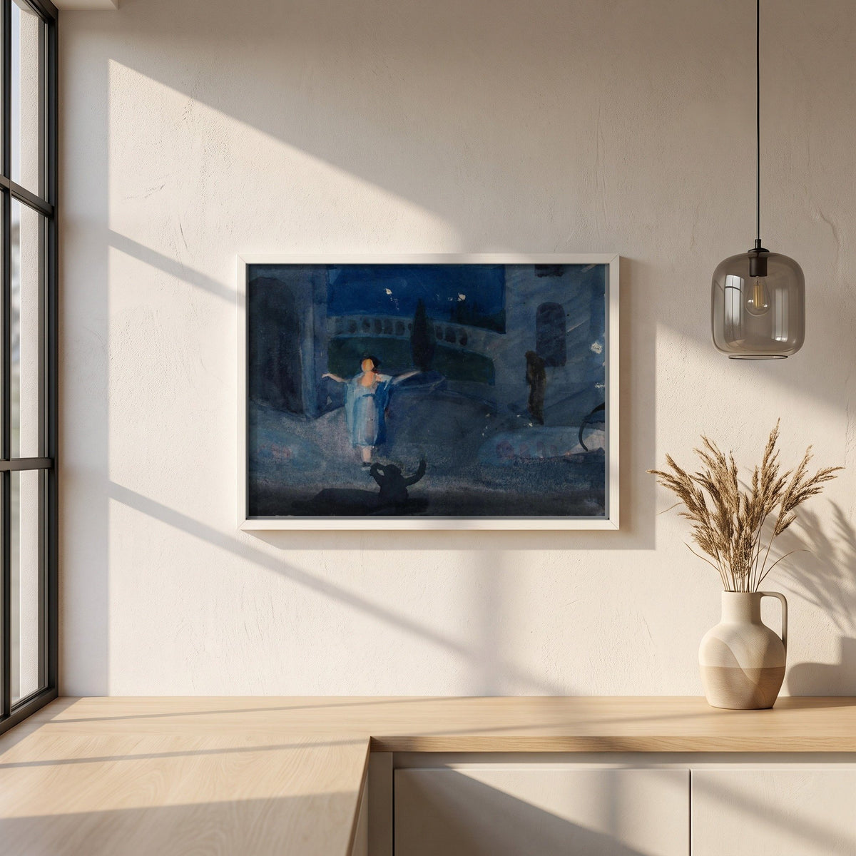 Impression of Jose Collins in The Maid of the Mountains framed print in a white frame on a plaster wall above an oak worktop in a bright Scandinavian kitchen