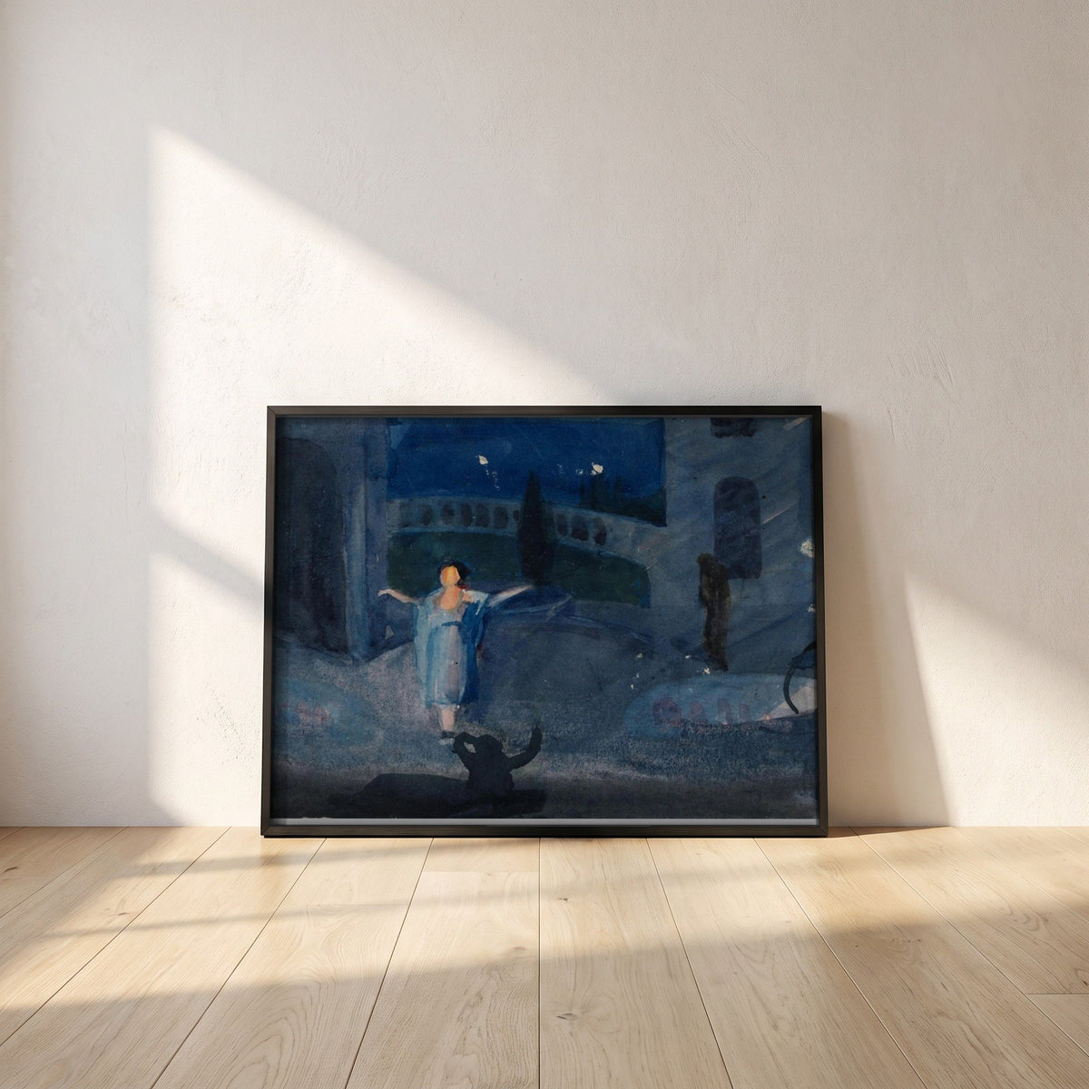 Impression of Jose Collins in The Maid of the Mountains framed print in a black frame leaning against a white plaster wall on oak floorboards in morning light