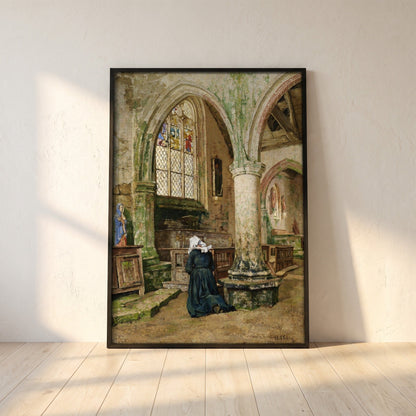 Interior of a Church in Brittany framed print in a black frame leaning against a white plaster wall on oak floorboards in morning light