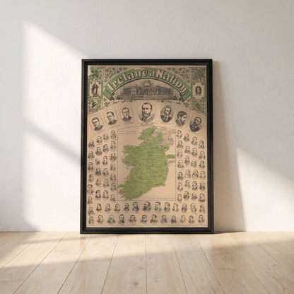 Ireland a Nation, Parnell's National Map of Ireland framed print in a black frame leaning against a white plaster wall on oak floorboards in morning light