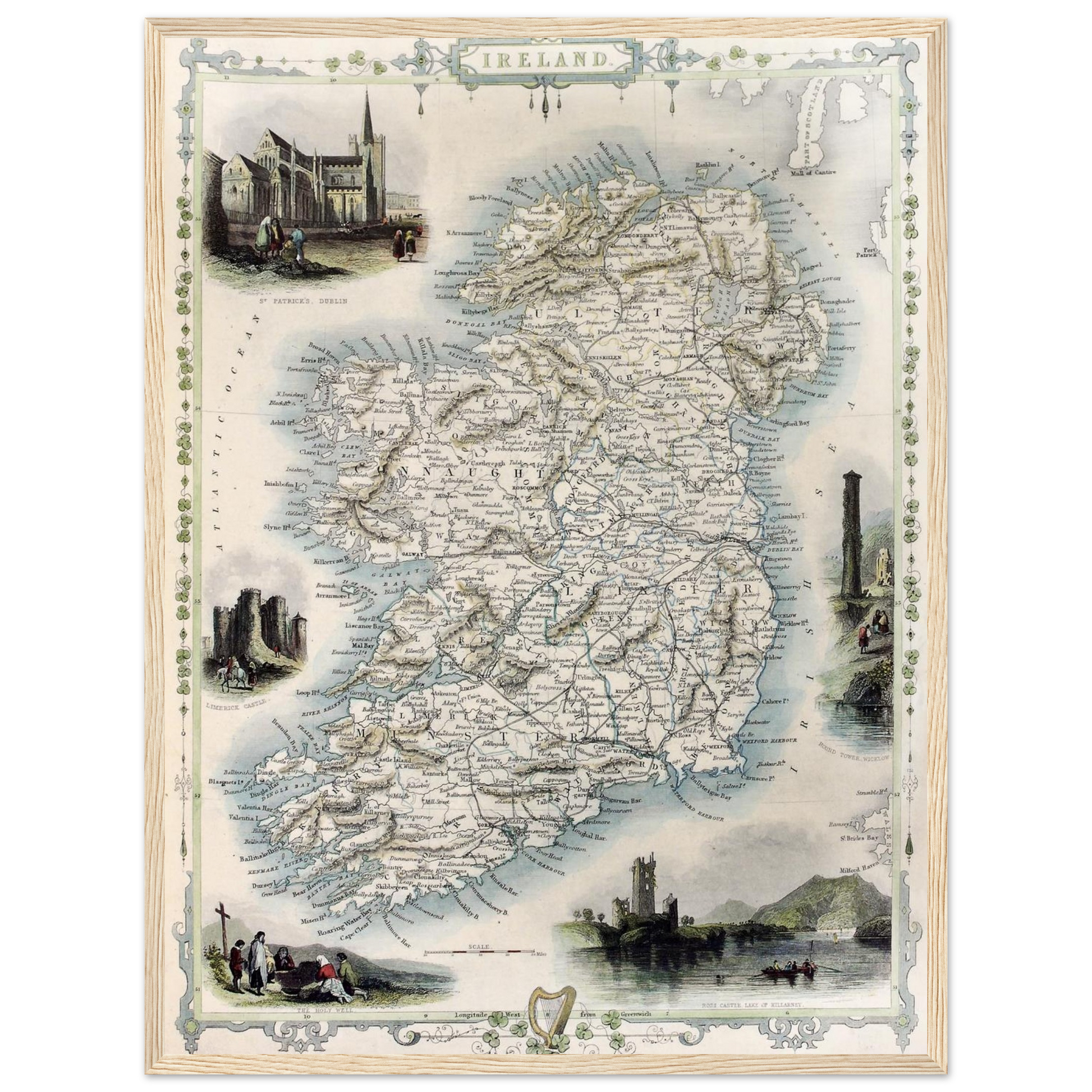 Historic Vintage Map of Ireland Print in Wooden Frame