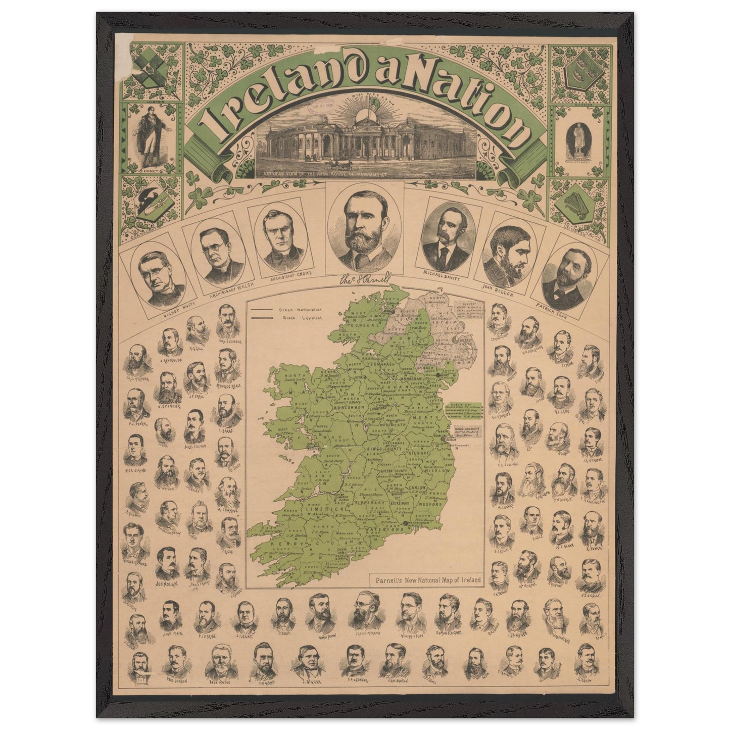 Historical reproduction large framed map art print of Ireland a Nation map with archival quality finish
