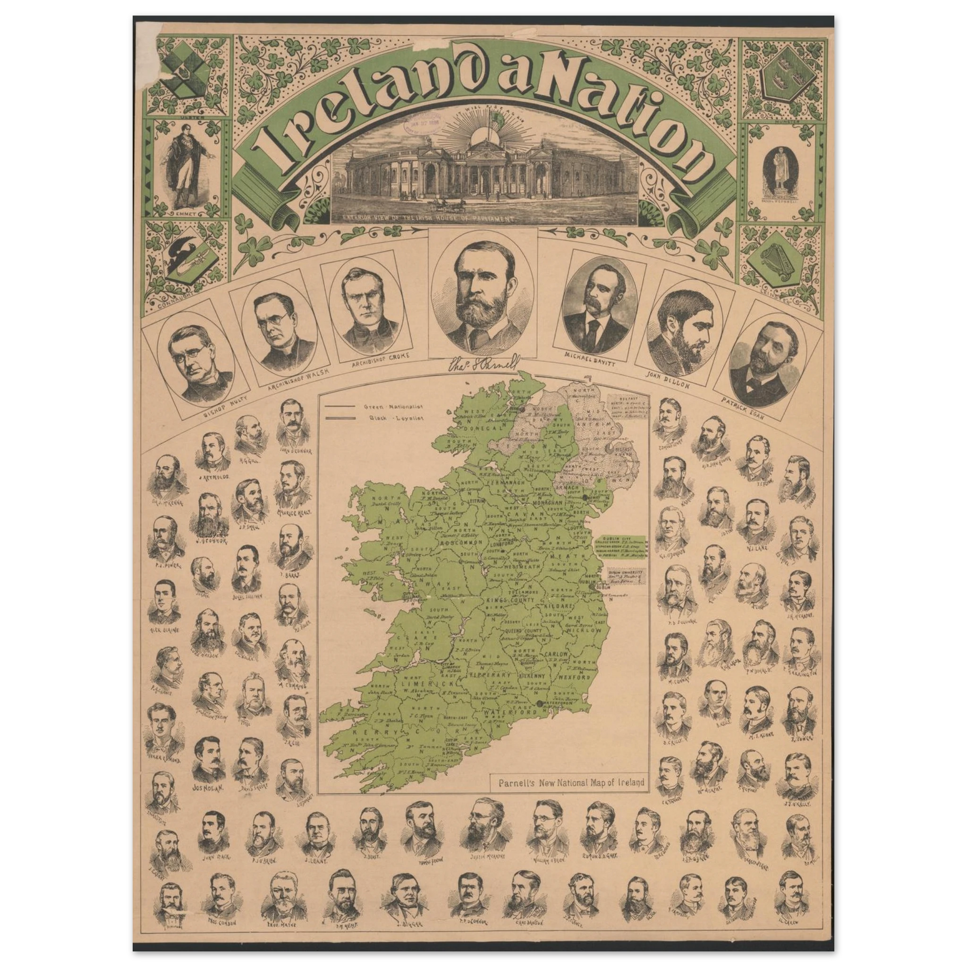 Reproduction print of Ireland a Nation, Parnell's New National Map of Ireland