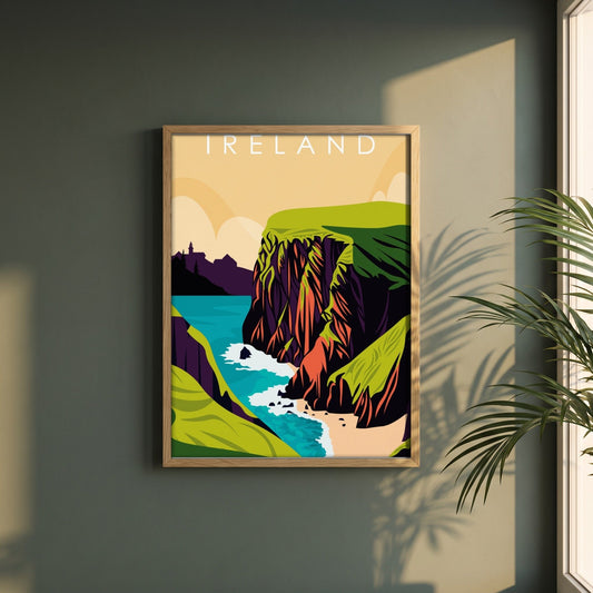 Ireland retro travel poster, Cliffs of Moher, in a natural oak frame on a dark green wall beside a window, dappled plant shadow