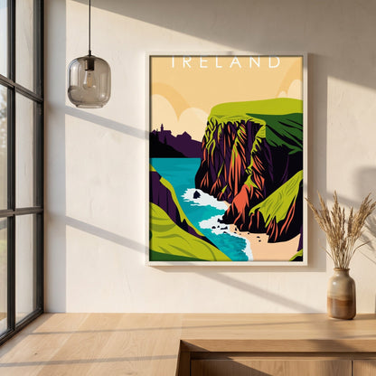 Ireland retro travel poster, Cliffs of Moher, in a white frame on a plaster wall above an oak worktop in a bright Scandinavian kitchen