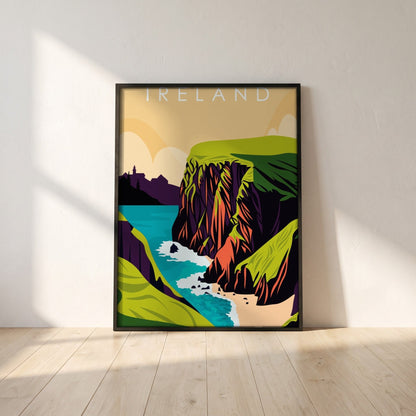 Ireland retro travel poster, Cliffs of Moher, in a black frame leaning against a white plaster wall on oak floorboards in morning light