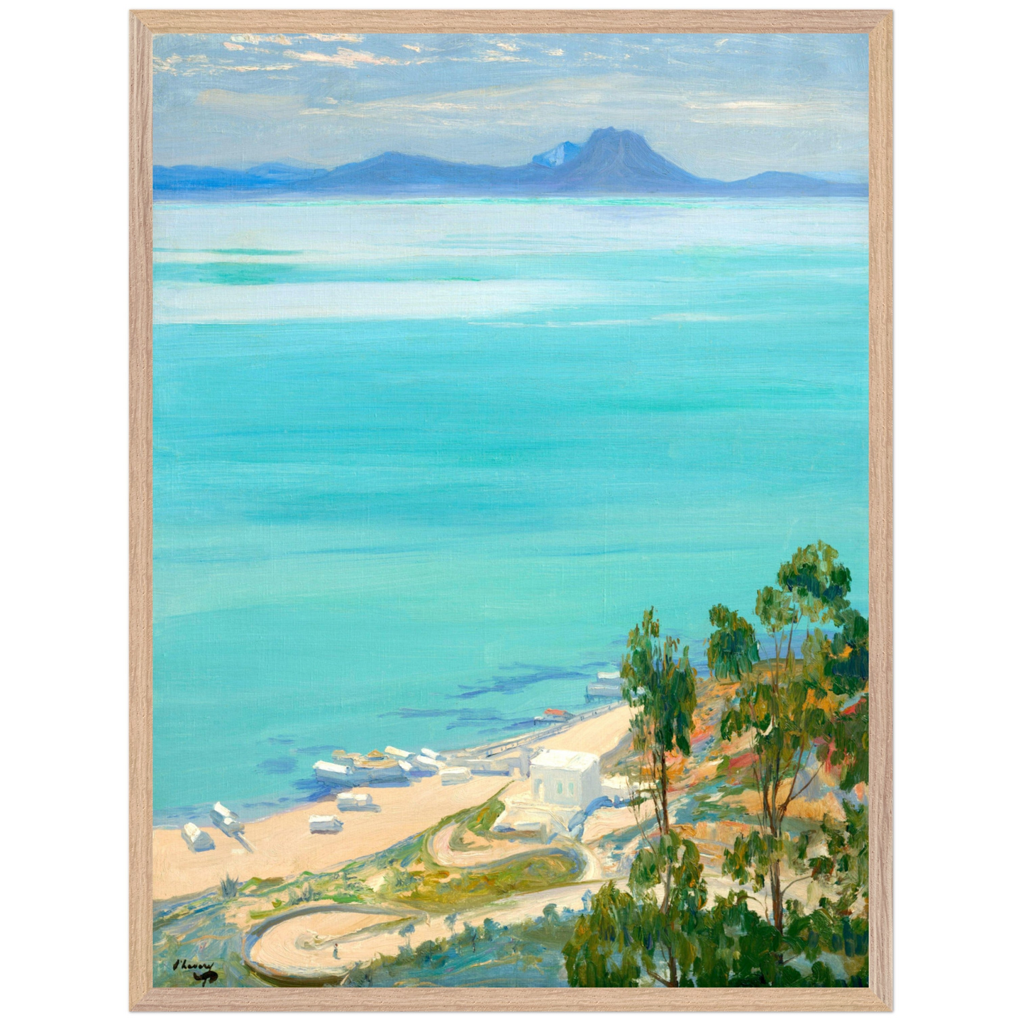 The Bay of Tunis, Morning by Sir John Lavery – Irish landscape art print in light oak frame styled in a neutral interior