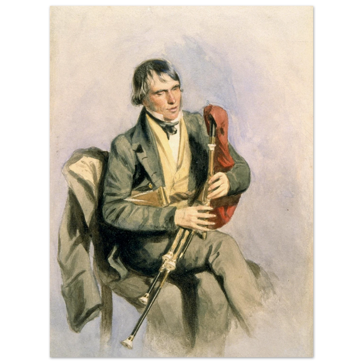 Irish piper Paddy Conneely in a green coat and yellow waistcoat, unframed print