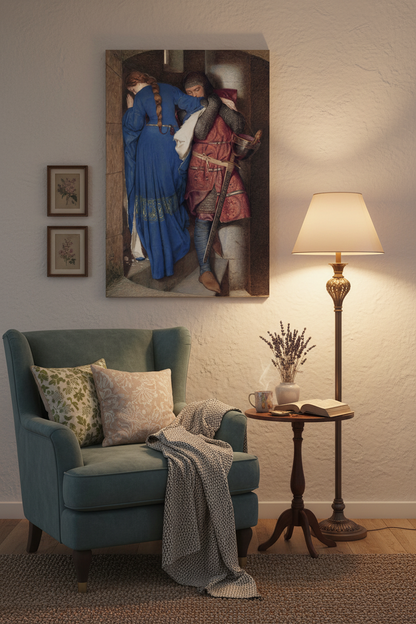 Luxury canvas of The Meeting on the Turret Stairs hanging above a cozy reading nook with a velvet armchair, warm lamp lighting and soft evening ambience.
