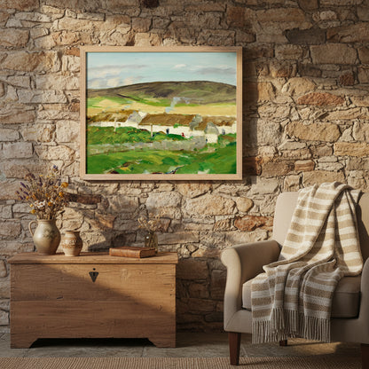 The White Cottage by Robert Henri in an oak frame on a stone wall above a wooden chest and armchair