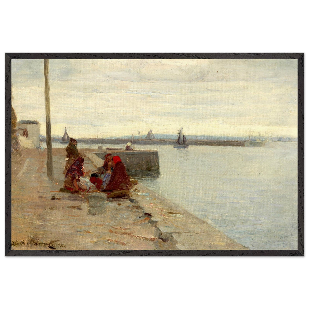 A refined Irish heritage interior featuring a framed art print of “Women on a Galway Quayside (1893)” by Walter Osborne, hung in a warm, neutral-toned living room, solid wood or black gallery frame, soft natural light from a side window, muted colour palette inspired by the Irish west, linen sofa, aged timber, understated elegance, museum-inspired home, timeless and sophisticated, no people present, calm, contemplative mood