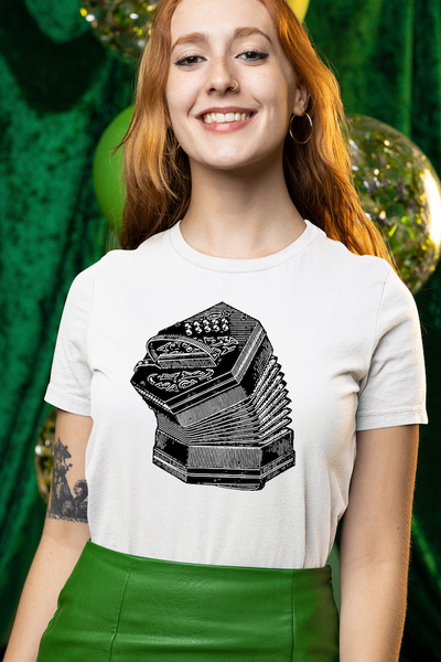 Irish Concertina T shirt, for fans of the Bosca Ceoil / Irish squeezebox / concertina, wear it in pub session or to an Irish music festival or just at home. Buy Irish Art