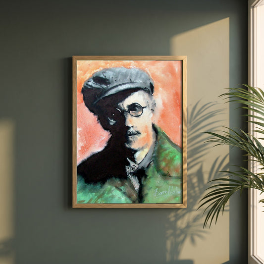 James Joyce framed print in a natural oak frame on a dark green wall beside a window, dappled plant shadow