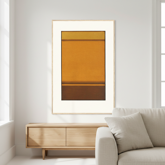 James Ward abstract colour field print in natural wood frame, wall art above sofa