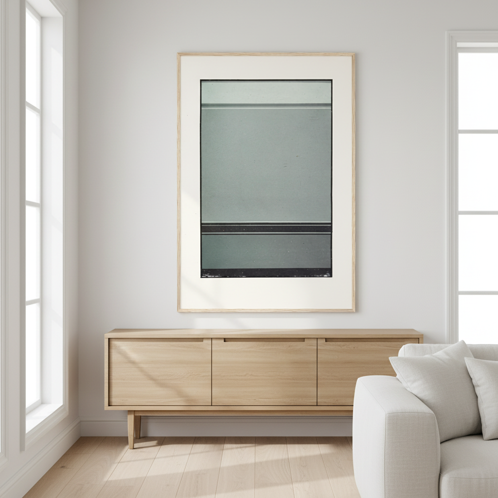 James Ward abstract teal colour field print in natural wood frame, wall art above sideboard