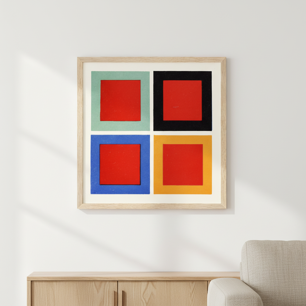 James Ward modification of tone and hue colour theory study, four red squares on green black blue and gold backgrounds, framed Irish art print