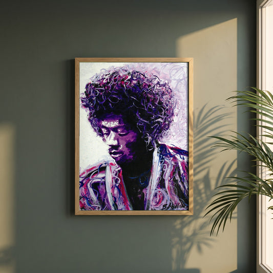 Jimi Hendrix Purple Haze framed print in a natural oak frame on a dark green wall beside a window, dappled plant shadow