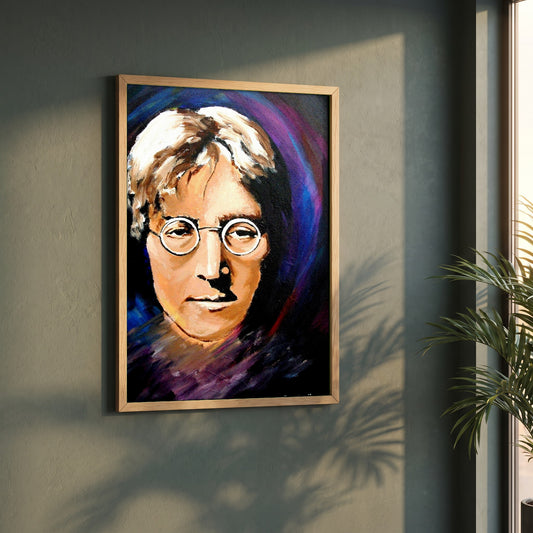 John Lennon Portrait framed print in a natural oak frame on a dark green wall beside a window, dappled plant shadow