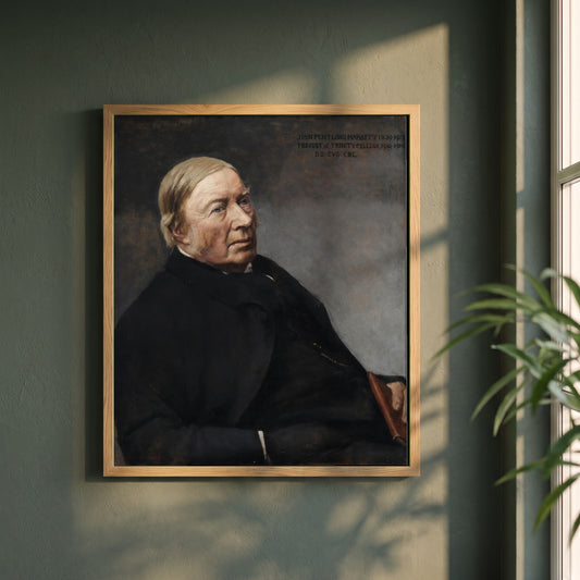 Rev. John Pentland Mahaffy, attributed to Sarah Cecilia Harrison | framed print in a natural oak frame on a dark green wall beside a window, dappled plant shadow