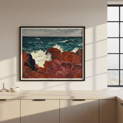 Red Rocks and Sea framed print in a black frame above pale kitchen cabinets beside a tall window