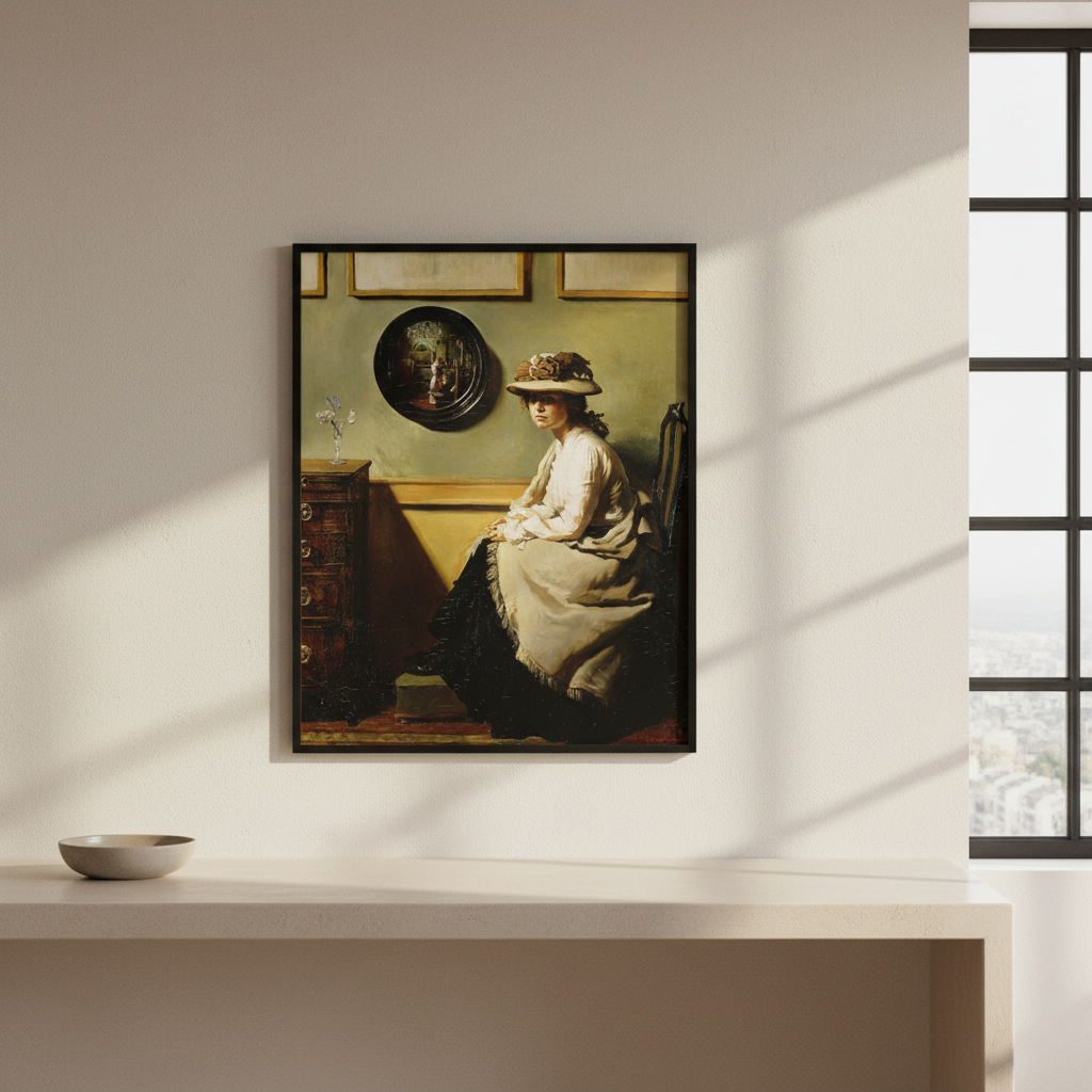 The Mirror by William Orpen in a black frame above a counter in a bright room by a window