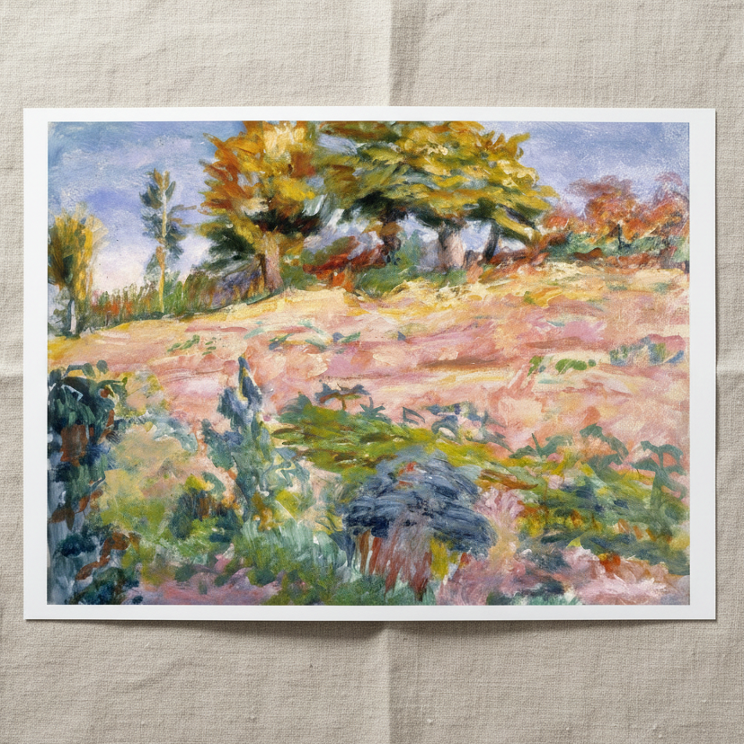 Landscape by Roderic O'Conor unframed print with a white border lying on creased linen