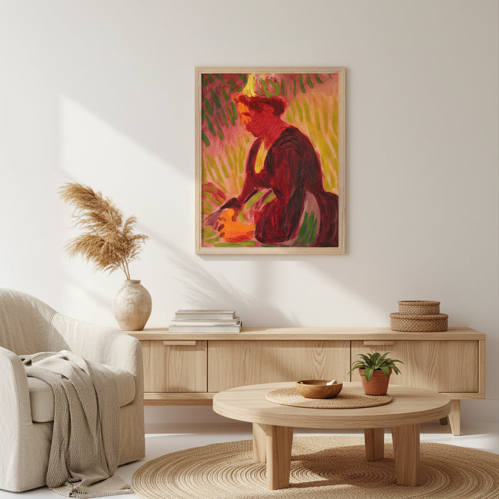 Irish peasant woman painting by Roderic O'Conor in a light wood frame above a wooden coffee table
