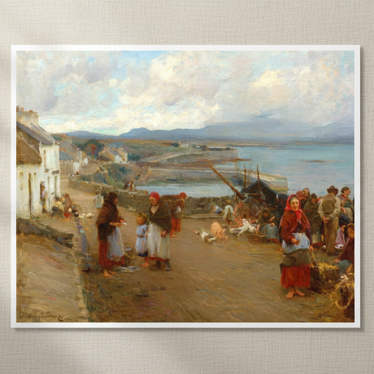 Life in Connemara, A Market Day by Walter Osborne, unframed archival art print resting on light linen fabric in soft natural daylight