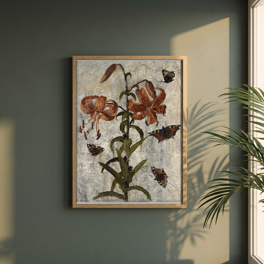 Lilies and Butterflies by Nathaniel Hone framed print in a natural oak frame on a dark green wall beside a window, dappled plant shadow