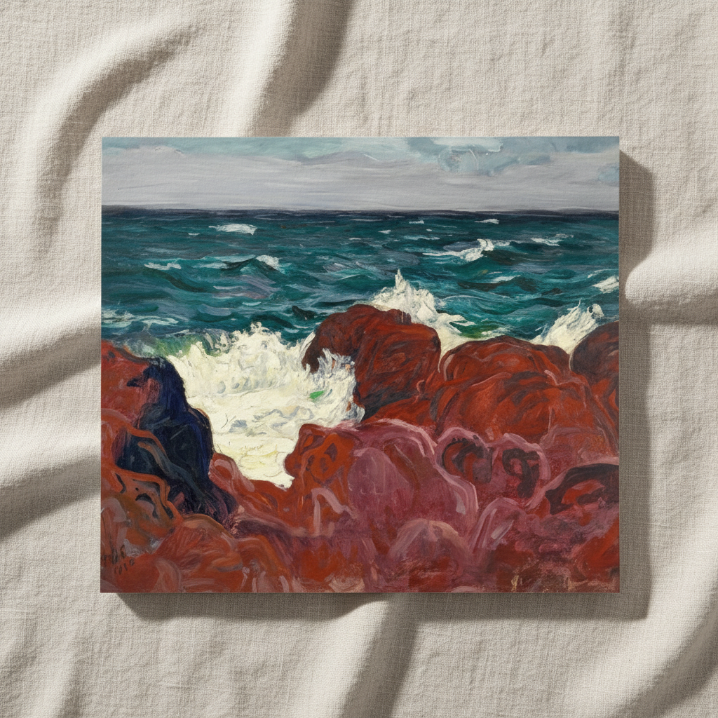 Red Rocks and Sea by Roderic O'Conor unframed print on textured paper lying on creased linen