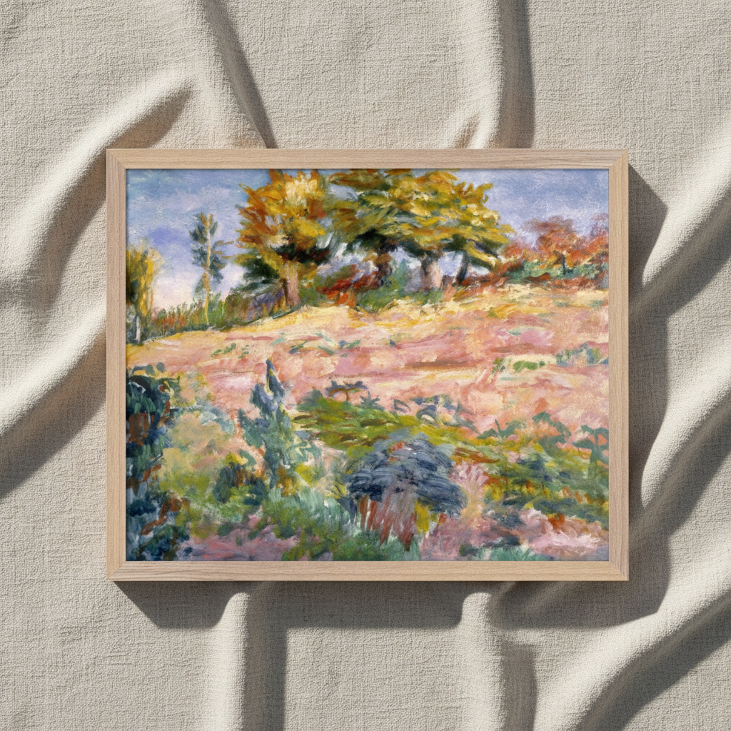 Landscape by Roderic O'Conor print in a natural oak frame lying on creased linen