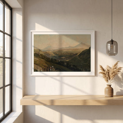 Little & Great Sugar Loaf framed print in a white frame on a plaster wall above an oak worktop in a bright Scandinavian kitchen