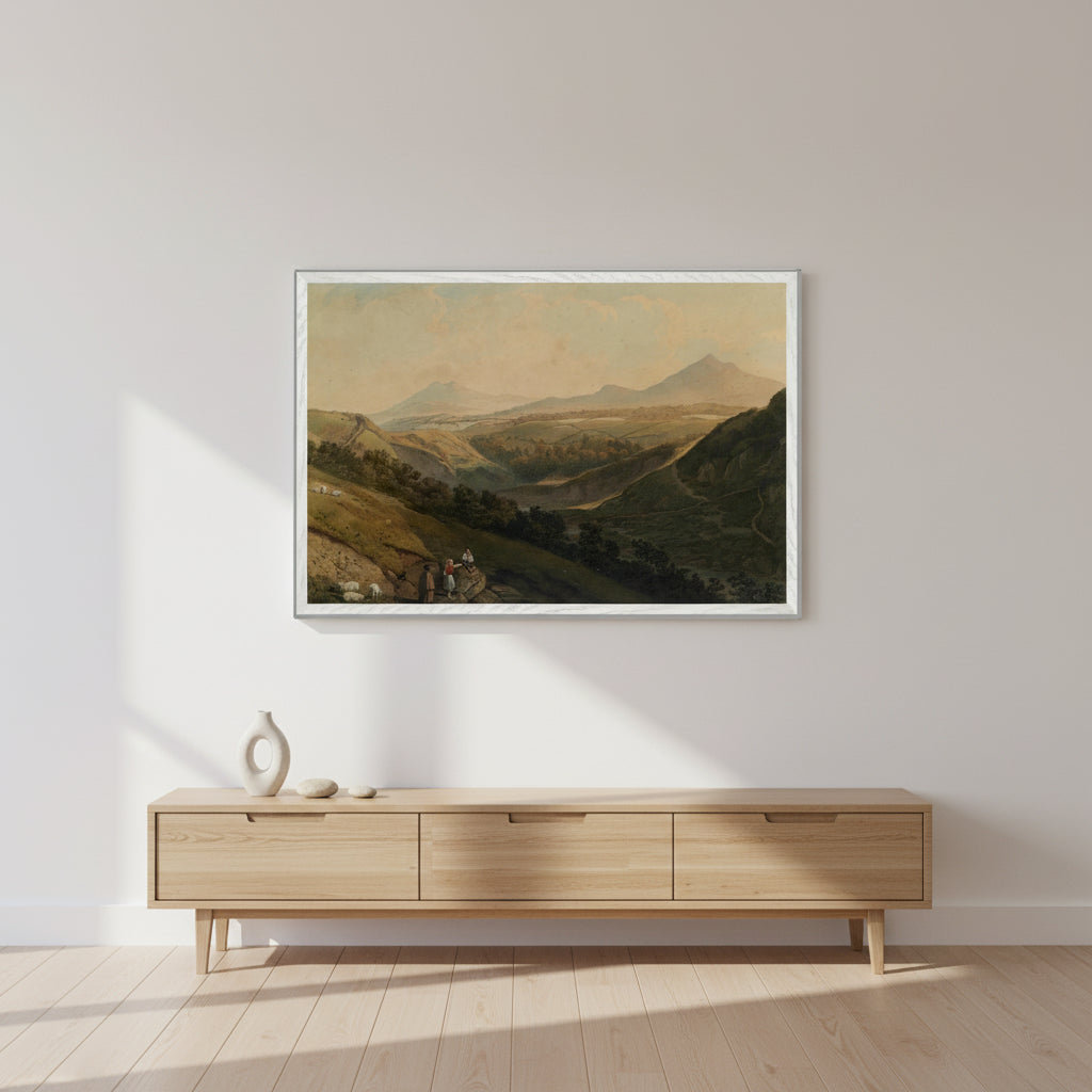 Large white framed landscape print of Wicklow’s Sugar Loaf Mountains displayed in a modern living room Large white-frame artwork above a minimalist sideboard, bright afternoon light, clean modern deco